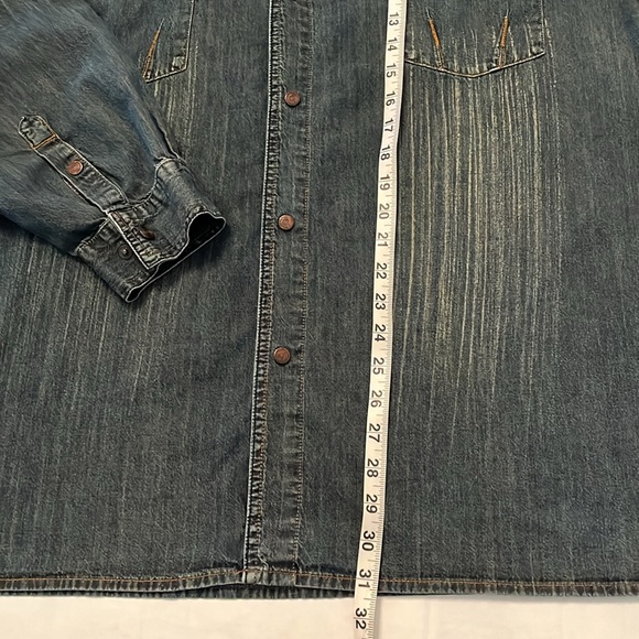 Robert Comstock Vertical Men's Blue Denim Shirt Jacket Snap Closures Distressed - Picture 12 of 16
